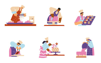 Set of professional confectioners cooking dessert, decoration cakes.