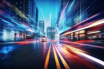 Fototapeta na wymiar Bright Lights, Fast Bus: A High-Speed Journey through the City at night