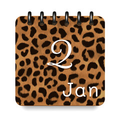 2 day of the month. January. Leopard print calendar daily icon. White letters. Date day week Sunday, Monday, Tuesday, Wednesday, Thursday, Friday, Saturday.  White background. Vector illustration.