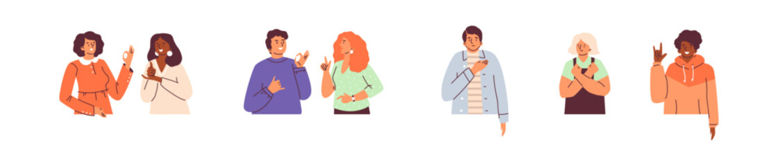 Hearing disability concept, deaf man and woman talk on deaf-mute sign language symbols, people with deafness vector set © Kudryavtsev