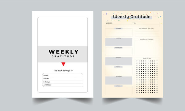 Weekly Gratitude Journal With Cover page layout design template 