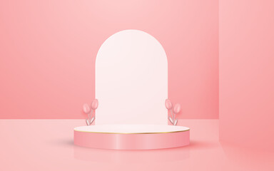 3d scene pastel pink round podium background with pink tulips perfect for event promotion cosmetic product presentation mockup