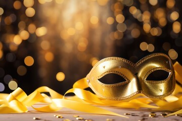 Carnival Party - Venetian Mask On Yellow Satin With Shiny Streamers