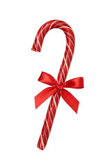 Christmas candy cane with satin red bow isolated on white background