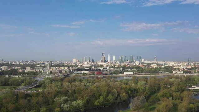 Drone video of Siekierkowski Bridge in Warsaw capital city