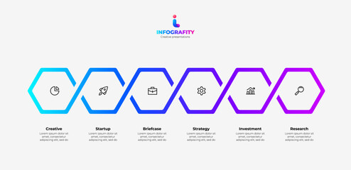 Six hexagons for business presentation. Process visualization or timeline. Vector infographic design template with 6 options or steps