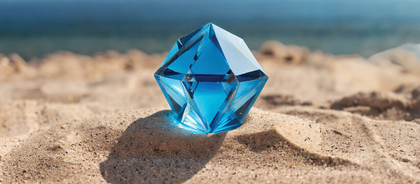 A blue crystal tetrahedron on sandy terrain under a clear sky. - Powered by Adobe