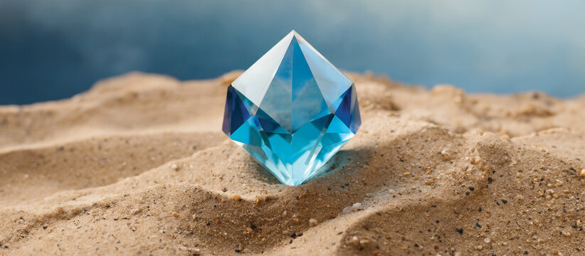 A crystal tetrahedron on sandy terrain under a clear sky. - Powered by Adobe