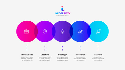 Horizontal progress diagram with five circles. Concept of 5 steps of business timeline. Creative infographic design template