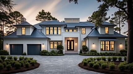 Obraz premium Regal Approach: A Grand White Mansion Commanding a Sweeping Curved Driveway..