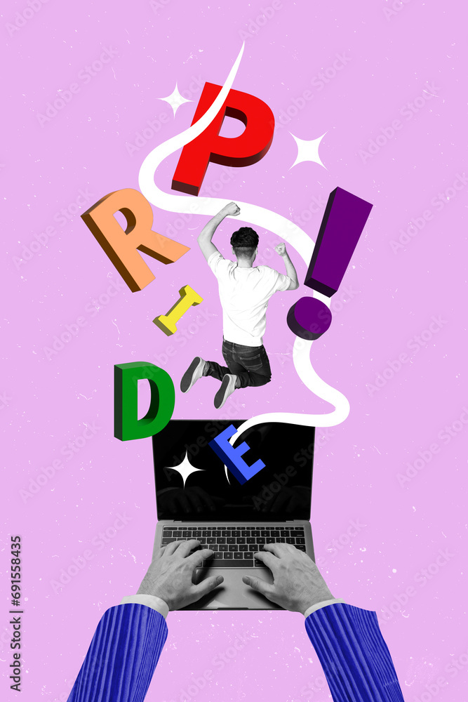 Sticker Vertical placard collage illustration of lgbt pride supporter young man jumping into community isolated on violet color background