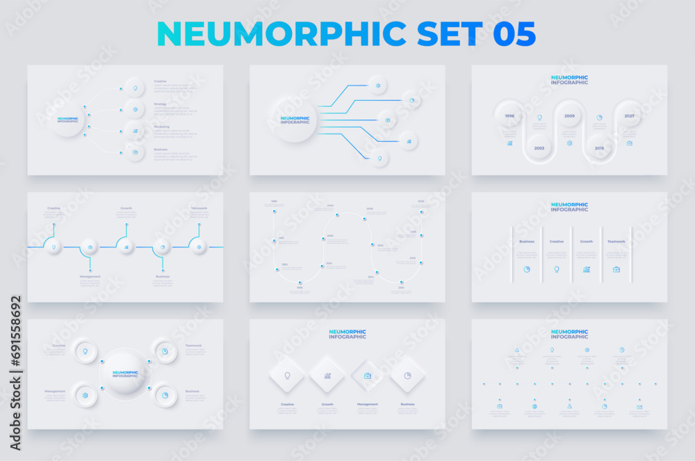 Poster Neumorphism infographics elements set. Timelines, flow charts and cycle diagrams. Set of Infograph concept with 4, 5 and 6 options