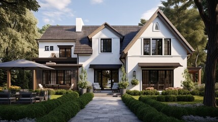 Fototapeta na wymiar 3D rendering of a beautiful modern farmhouse style home exterior with white walls and black trim, black windows, and a large front porch, surrounded by trees and hedges