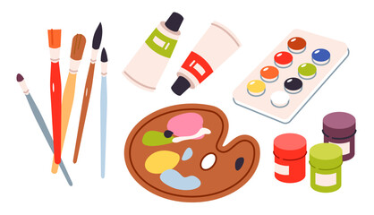 A variety of paints and brushes. Drawing materials and art supplies for drawing. Flat vector illustration
