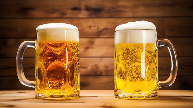 Beer glass on wooden background. Mug of gold beer