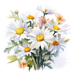 Fototapeta premium Bouquet of watercolor daisy flowers. Many chamomiles with leaves