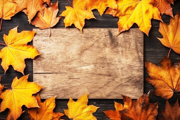 Naklejka na ściany i meble Empty wooden with maple leaves around on background