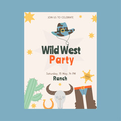 Flat style wild west cowboy party invitation, poster