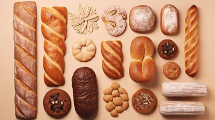 Various bakery products handmade on beige background. Creative layout with bread, buns, croissant, bread loaves and pretzels. Flat Modern minimal food photography. - obrazy, fototapety, plakaty