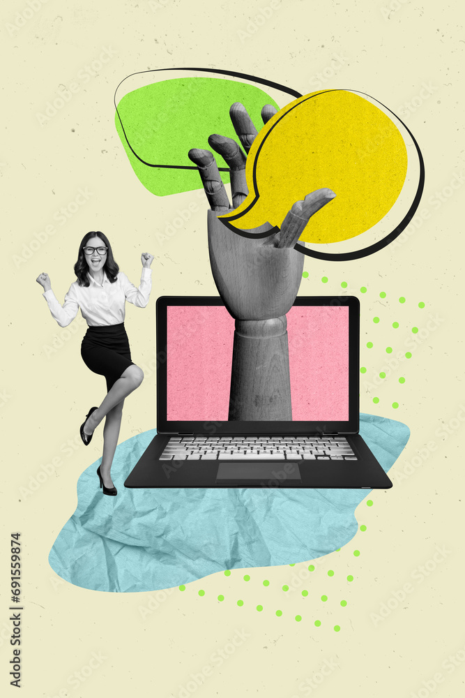 Poster vertical collage of office manager worker girl in formal wear celebrate new cms program chatting bub