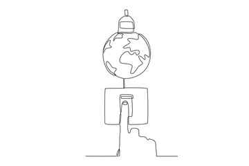 A hand turns off the wall outlet. Earth Hour one-line drawing