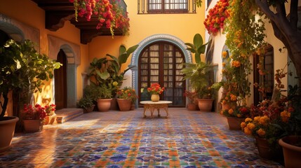 Fototapeta premium Charming Mediterranean Courtyard with Terracotta Potted Plants — Sunlit Outdoor Sanctuary.