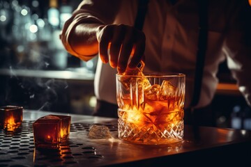 Close up shot of barman hand pouring drink into a cocktail glass - obrazy, fototapety, plakaty