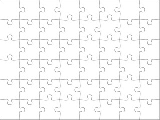 Puzzles grid template 8x6. Jigsaw puzzle pieces, thinking game and jigsaws detail frame design. Business assemble metaphor or puzzles game challenge vector.