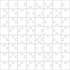 Puzzles grid template 8x8. Jigsaw puzzle pieces, thinking game and jigsaws detail frame design. Business assemble metaphor or puzzles game challenge vector.