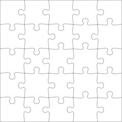 Puzzles grid template 5x5. Jigsaw puzzle pieces, thinking game and jigsaws detail frame design. Business assemble metaphor or puzzles game challenge vector.