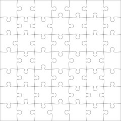 Puzzles grid template 7x7. Jigsaw puzzle pieces, thinking game and jigsaws detail frame design. Business assemble metaphor or puzzles game challenge vector.
