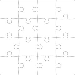 Puzzles grid template 4x4. Jigsaw puzzle pieces, thinking game and jigsaws detail frame design. Business assemble metaphor or puzzles game challenge vector.