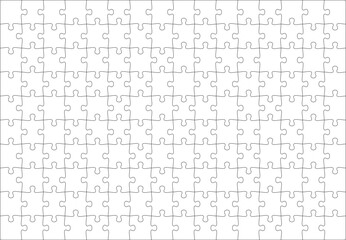 Puzzles grid template 16x10. Jigsaw puzzle pieces, thinking game and jigsaws detail frame design. Business assemble metaphor or puzzles game challenge vector.