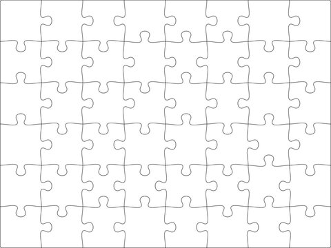 Puzzles grid template 8x6. Jigsaw puzzle pieces, thinking game and jigsaws detail frame design. Business assemble metaphor or puzzles game challenge vector.