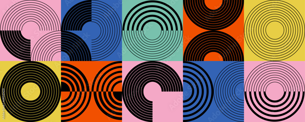 Poster Geometric background in bauhaus style. Naive colorful abstract seamless pattern. Modern aesthetics of Swiss design. Vector illustration. 