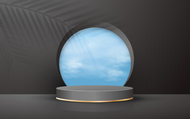 Dark black luxury round 3d scene podium and cloud round with leaves background perfect for event promotion cosmetic product presentation mockup