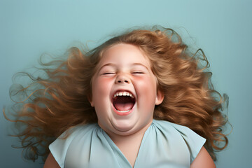 Happy obese girl child in front of one colored studio background - obrazy, fototapety, plakaty