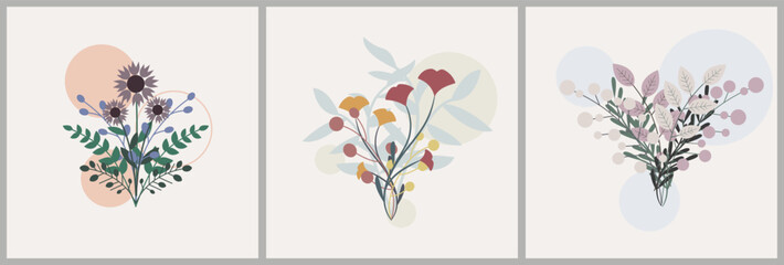 Abstract minimalist art. Bauhaus. Mixed style, geometric shapes and plants. Flowers, leaves. Set of vector pictures.Backgrounds for poster, banner, print