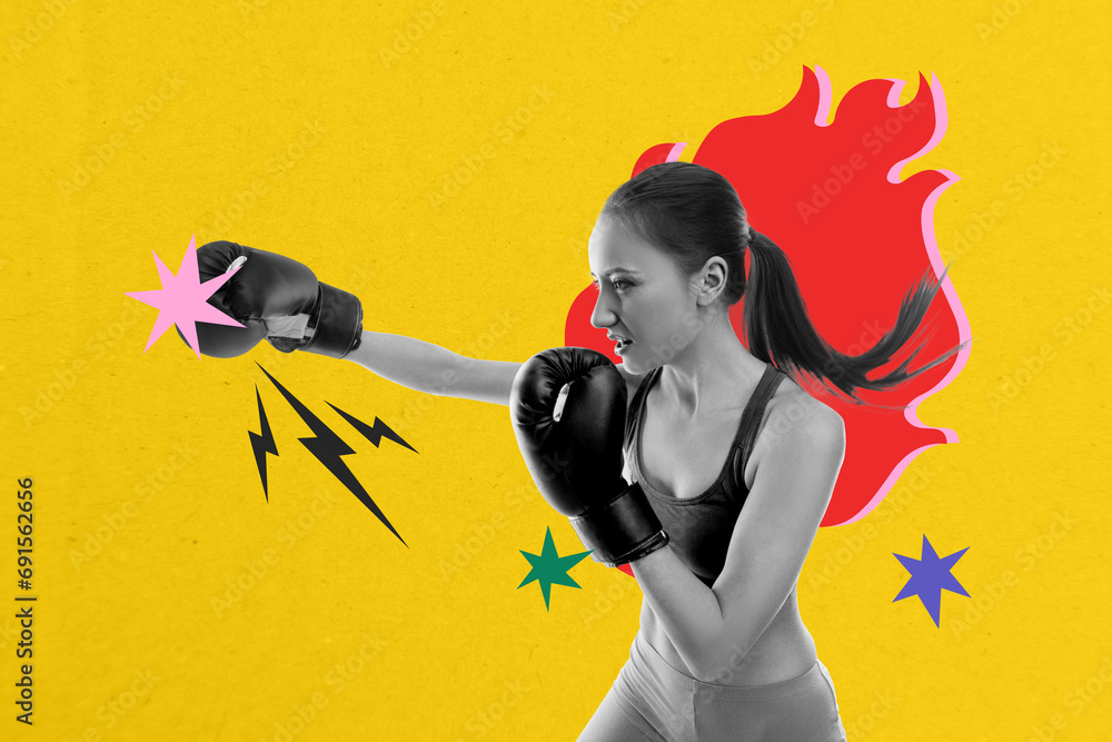 Sticker Creative poster collage of fighting strong cool beautiful woman boxing gloves poster surrealism metaphor psychedelic unusual fantasy