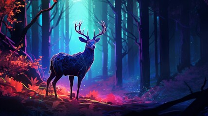 Deer Neon light animal walk through the forest AI Generated image - obrazy, fototapety, plakaty