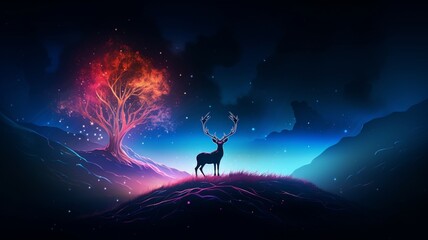 Obraz na płótnie Canvas Deer Neon light animal hill next tree AI Generated pictures