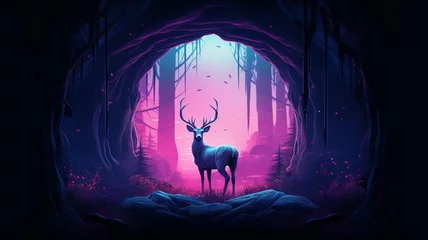 Tuinposter Deer Neon light animal sitting cave pictures AI Generated Art © Protap Biswas