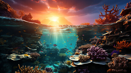 Beautiful coral reef under the sea between with sunrise - obrazy, fototapety, plakaty
