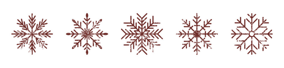 Christmas vintage snowflakes on white isolated background. New Year's snowflake with grunge texture. Minimalistic vector boho illustration. Snowflake icon. Winter holiday theme. Set.