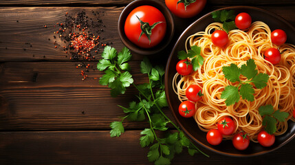 Top view fresh spaghetti pasta with tomatoes on wooden background