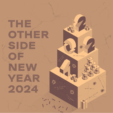 The other side of the new year 2024. New Year's Eve on the front. Illustration isometric. Christmas tree made of humanitarian boxes and canned goods. 