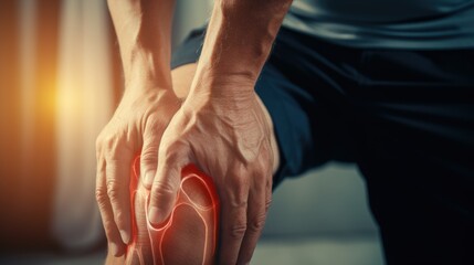 Closeup man having knee pain is massaging his knee