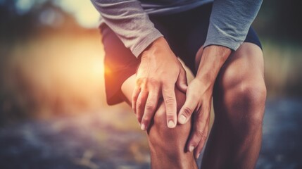 Closeup man having knee pain is massaging his knee while standing outside