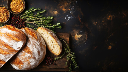 Top view bread on black stone background - obrazy, fototapety, plakaty