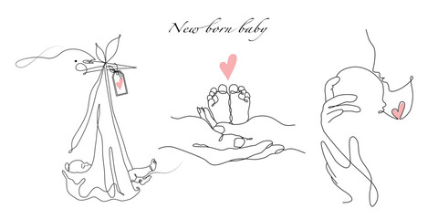 Vector one line art set of illustrations of a stork, a new born baby heels and mother holding a new born baby in Lineart style